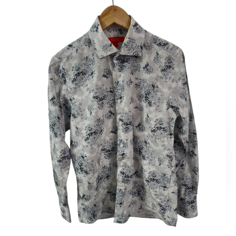 TALLIA Men's Long Sleeve Dress Shirt Floral Gray Blue White Size Small